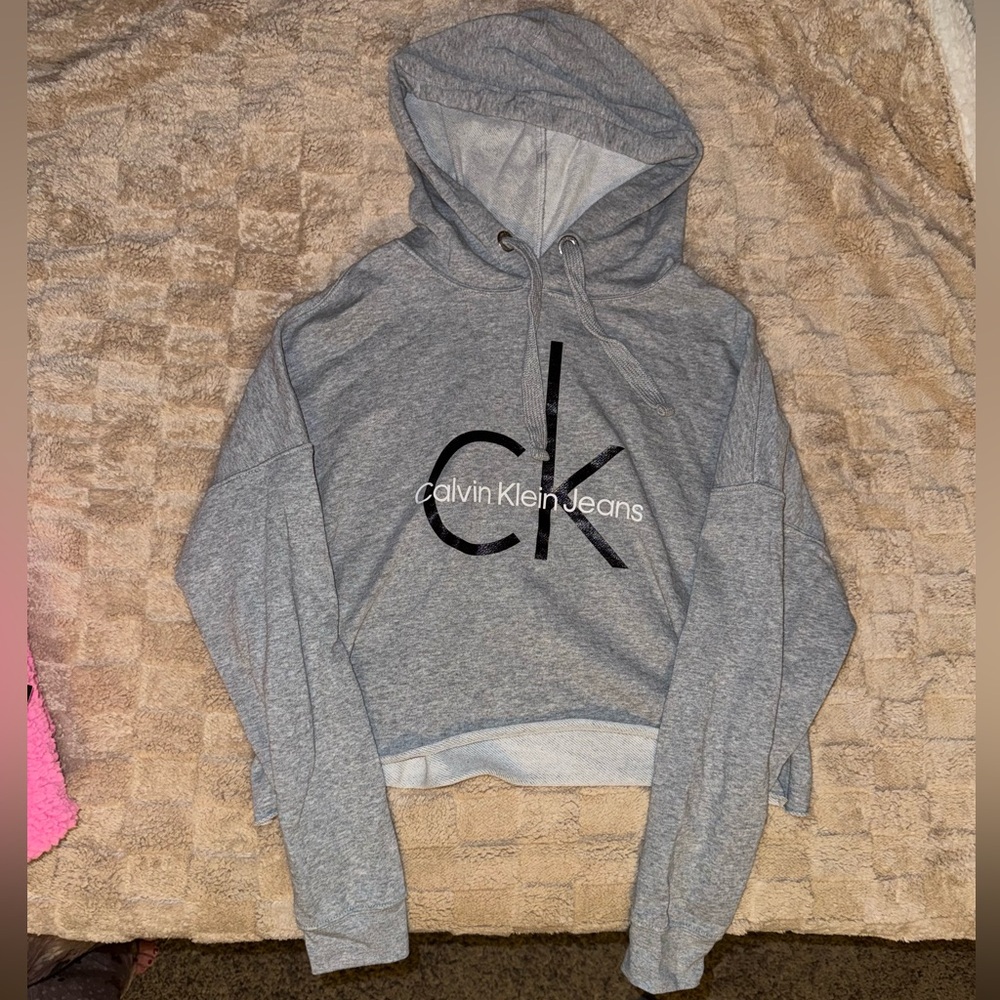 Calvin Klein Jeans Light Gray Knit Crop Hoodie